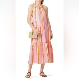 Club Monaco Amirra Striped Silk Halter Maxi Dress Pink Multi Casual Women’s 10